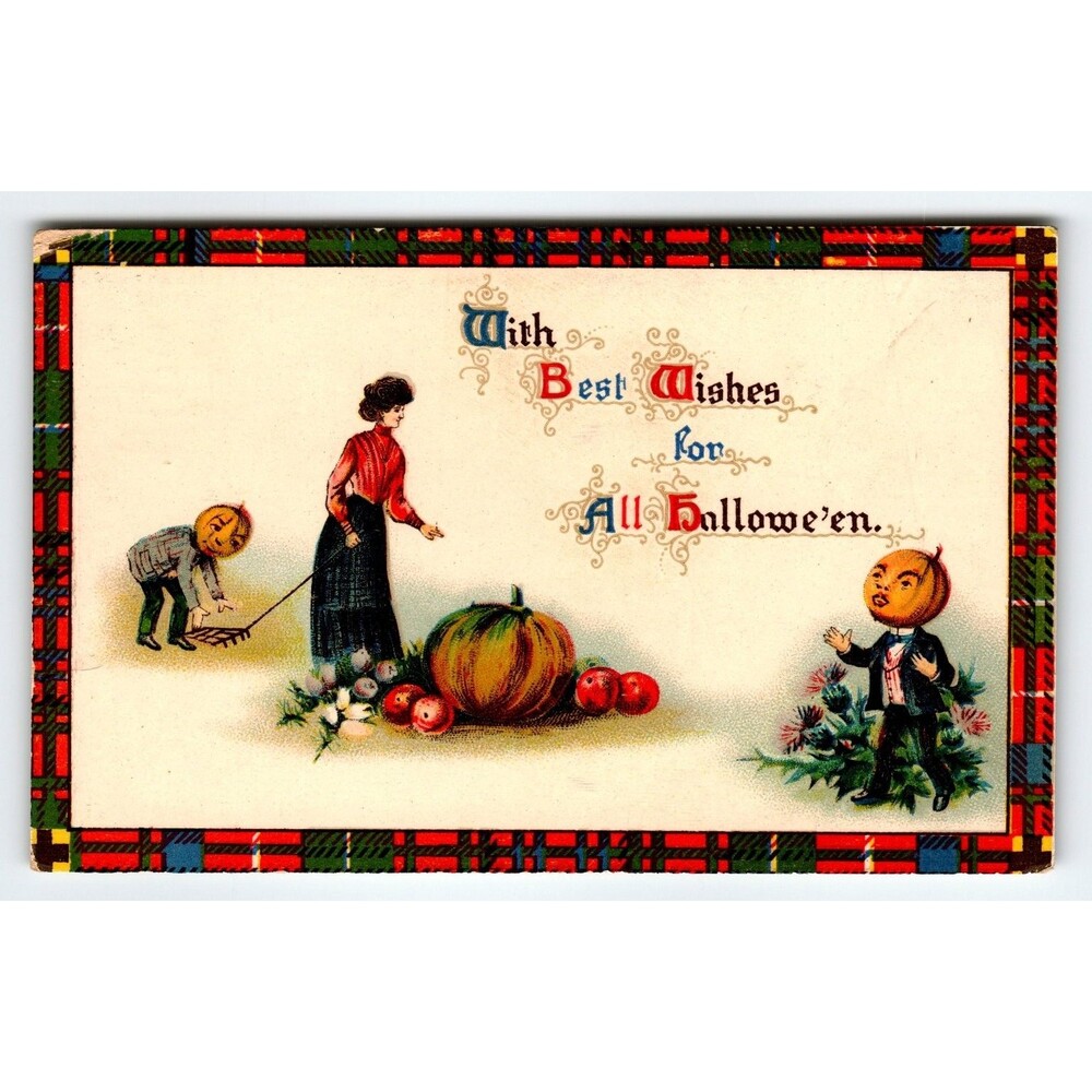 Vintage 1907-1915 Halloween Lithograph Postcard Pumpkin Heads Gottschalk